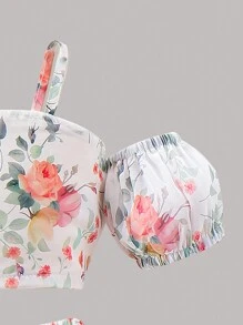 SHEIN Young Girl Fashionable And Elegant Floral Print Sweet Vacation Off-The-Shoulder Top With Ruffled Hem Skirt Two-Piece Set - Multicolor - View 3