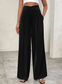 Firerie 女款黑色超高腰不对称长款阔腿裤 黑色夏裤 夏季阔腿裤 不对称腰头 宽松阔腿裤 夏季裤子 口袋 超高腰裤 女士裤子 适合日常通勤 阔腿裤 - 黑色 - 查看 4