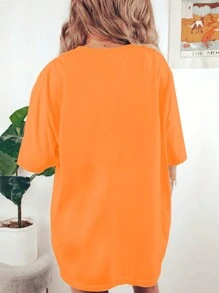 SHEIN LUNE 女性純色圓領休閒寬鬆春夏連衣裙 - 橘色 - 查看 2