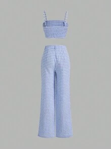 SHEIN Unity Casual Checkered Crop Top And Wide Leg Pants Two Pieces Set - Blue - View 2