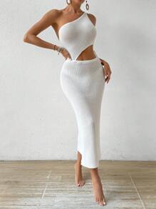SHEIN Swim Summer Beach Women Hollow Out Waist-Baring Off Shoulder Solid Knitted Cover Up