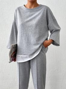 Cottnline Camiseta de hombros caídos 2 en 1 de 90% algodón y pantalones con detalle de costura - Gris - Ver 7