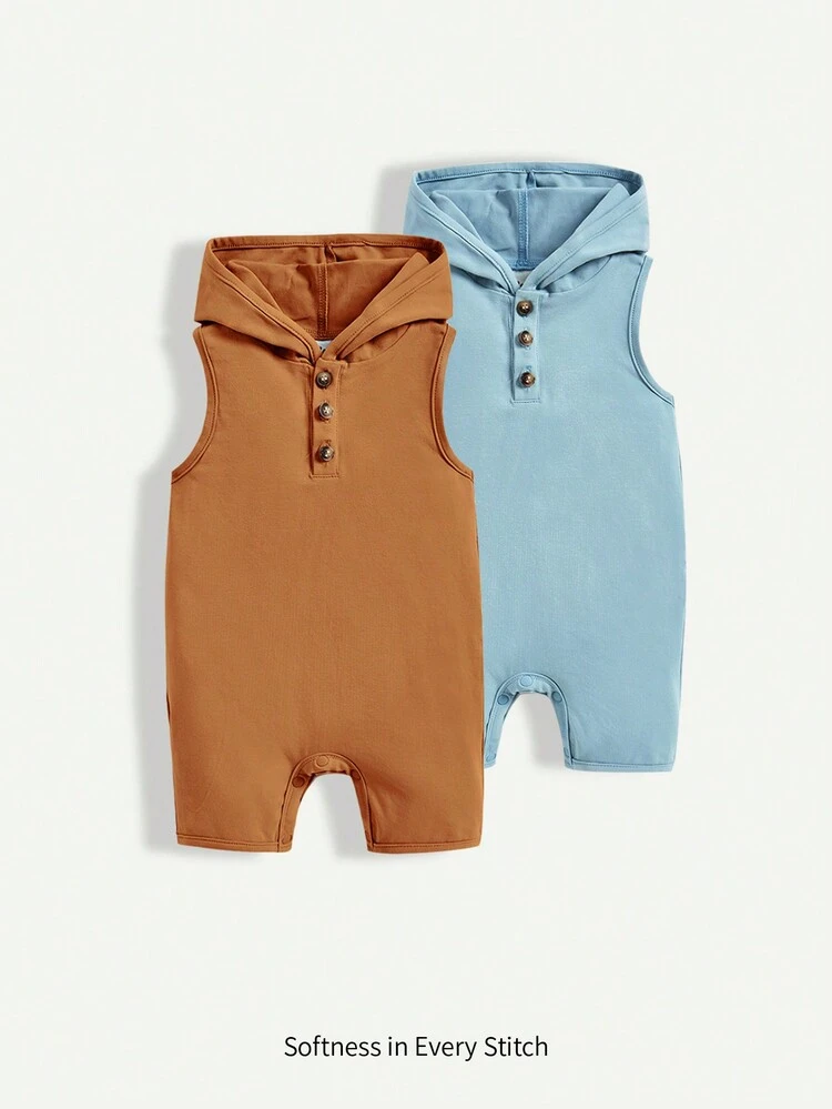 Baby Boy's Solid Color Half Button Hooded Sleeveless Romper Two-Piece Set