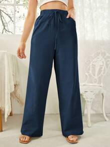 SHEIN Essnce Women's Solid Color Knotted Elastic Waist Wide Leg Pants - Navy Blue - View 4