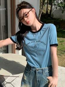 Camiseta De Manga Corta Con Letras Impresas Y Ribete Contrastante - Azul - Ver 6