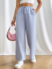 SHEIN PETITE 帶口袋的條紋和印花束腰長褲 - 藍白色 - 查看 5