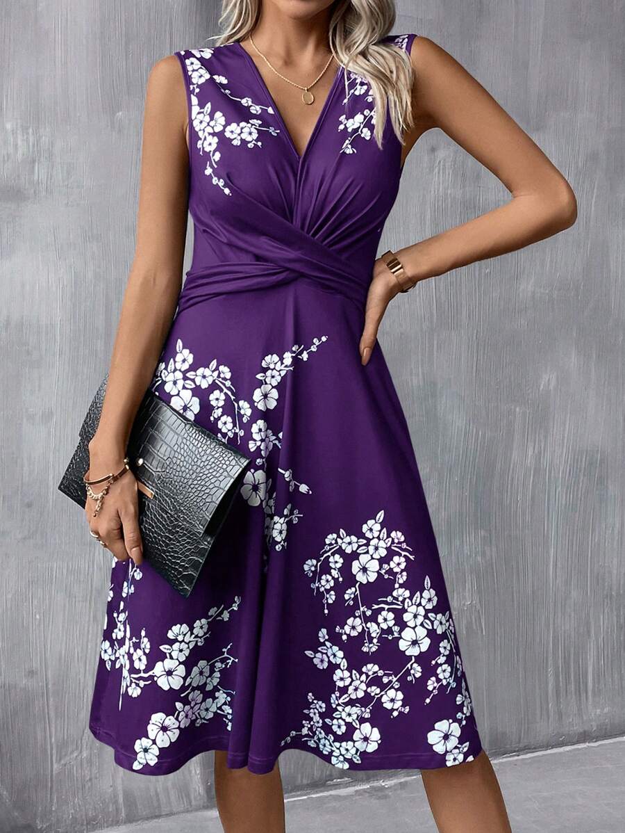 SHEIN Clasi Printed Summer Short Dress With Cinched Waist Blue Dress,Summer Dresses For Women,Lavender Dress - Purple - View 1