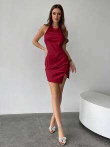 Firerie Đầm dự tiệc mini không tay màu trơn có dây buộc eo - Màu Đỏ Sâu - Xem 3