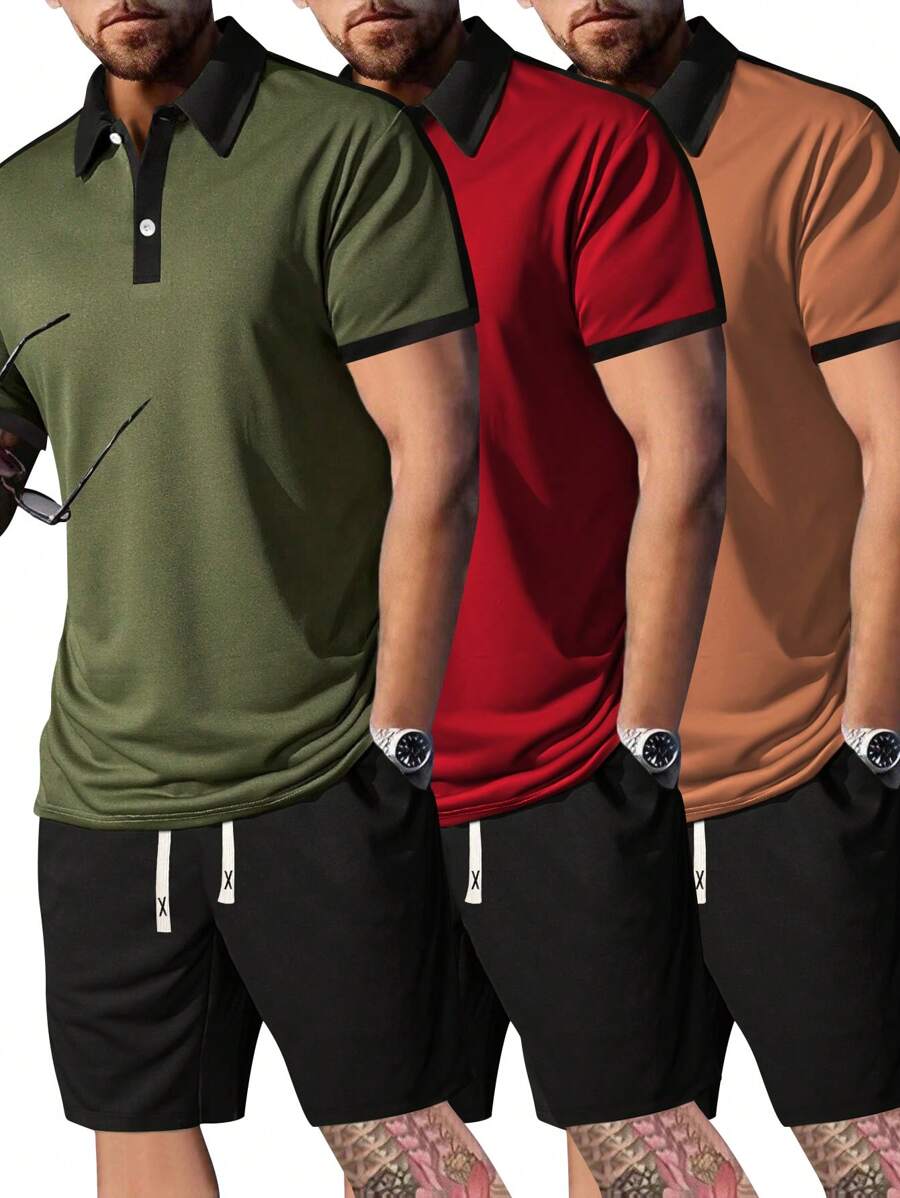 Bộ 3 món quần short ngắn tay nam mùa hè mới, áo polo và áo thun công sở chống nhăn, kiểu dáng thường ngày. - Nhiều màu - Xem 1