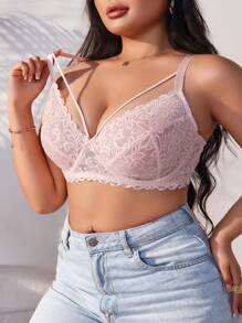 Lencería de talla grande de encaje floral con sujetador sin tirantes, 1 pieza