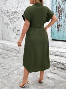 SHEIN Unity Kích thước lớn Mùa hè Màu thuần Mặt trước Nút tay cánh Đầm Midi - xanh quân đội - Xem 2