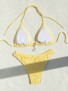 Swim Mod Women's Summer Beach Holiday Solid Color Textured Bikini Set