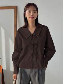 FRIFUL 女士时尚纯色蝴蝶结系带宽松衬衫长袖上衣 - 棕色 - 查看 3