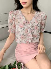 DAZY 女士优雅短袖衬衫，荷叶边蕾丝泡泡袖设计，花卉图案，夏季外出上衣，荷叶边度假装扮，复活节女士 - 彩色 - 查看 6