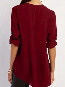 Women's Solid Color Half Zip Modest Burgundy Rolled Sleeve Shirt, Summer - Burgundy - View 2