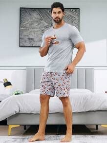 Men Casual Coffee Print Short Sleeve And Shorts Homewear Set