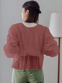 FRIFUL Ladies' Loose Fit Lantern Sleeve Mesh Top With Front Tie Design For Spring & Summer,Fall Clothes Long Sleeve Women Tops - Redwood - View 2
