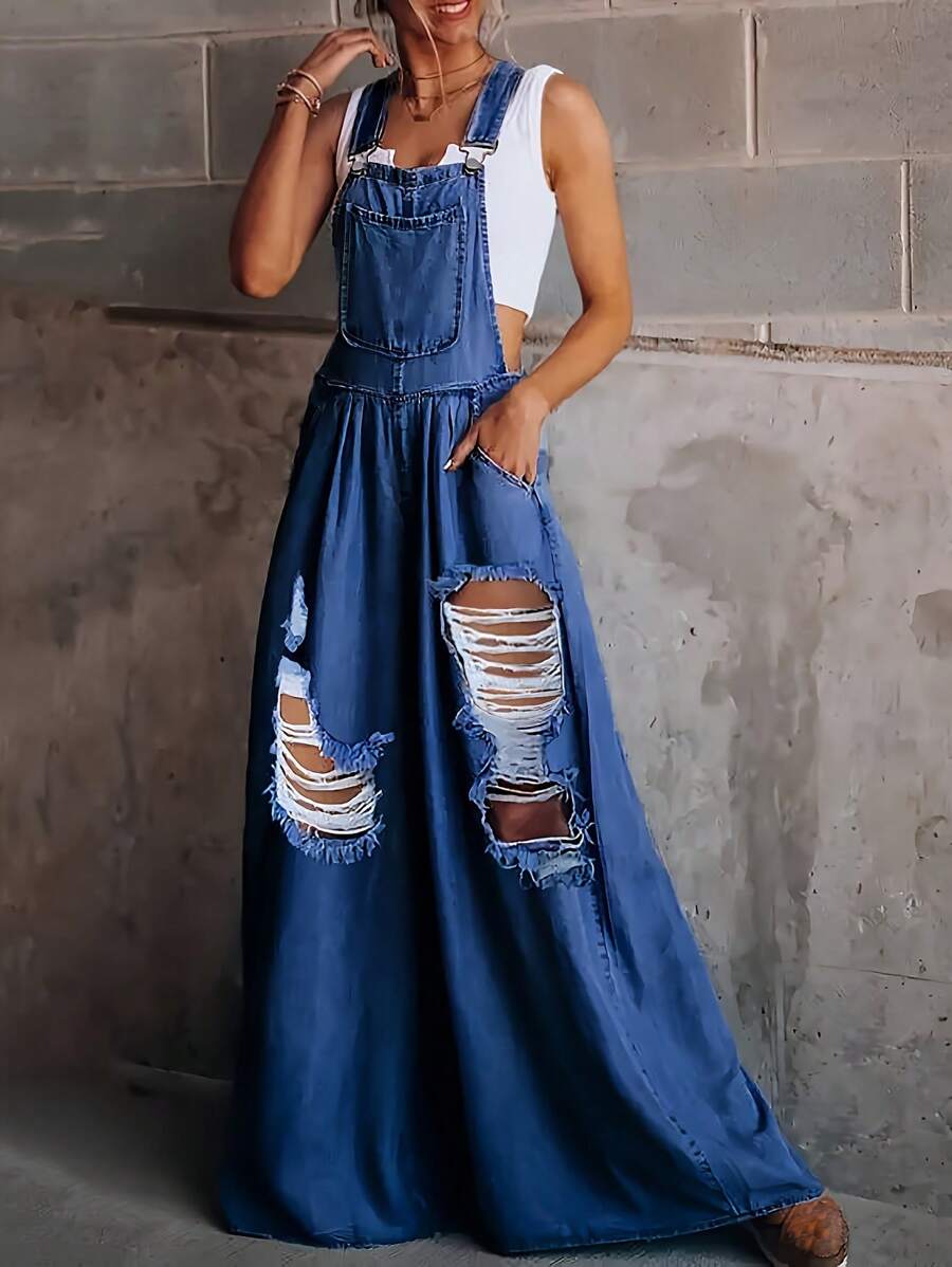 Wide Leg Distressed  Dungarees Jumpsuit Without Sleeve - Dark Wash - View 1