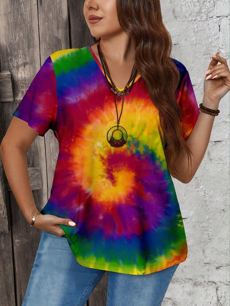 Casual Tie-Dye Round Neck Short Sleeve Plus Size Women's T-Shirt, Summer,Spring/Vacation