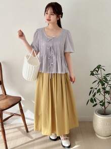 FRIFUL Camisa corta de manga abullonada y rayas plisadas para mujer con lazo delantero de verano - Caqui - Ver 2