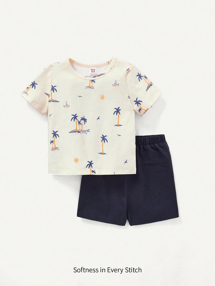 Baby Boy Coconut Tree Pattern Short Sleeve Pullover Top And Solid Color Shorts Set