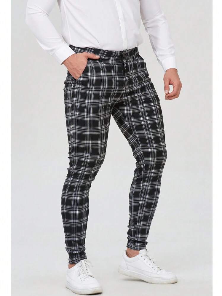 Men Black And White Checked Slim Fit Stretch Chinos Plaid Pants - Product  Video
