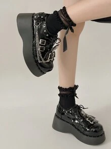 ROMWE Grunge Punk Lolita風格女士pu皮鞋：平台,厚底,黑色,jk制服,珍風格,2024年春季新品 - 黑色 - 查看 2