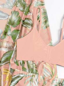 SHEIN Swim Summer Beach Tropical Print Spaghetti Strap Contrast Tropical Print Bikini Set & Kimono
