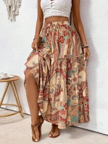 SHEIN VCAY Women's Vintage Printed Ruffle Hem Casual Vacation Style Midi Skirt - Multicolor - View 4