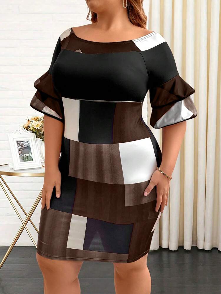 Plus Size Geometric Print Off Shoulder Flare Sleeve Dress