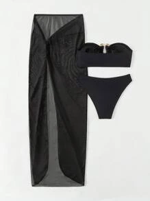 SHEIN Swim Conjunto De Tres Piezas De Traje De Baño De Color Sólido - Negro - Ver 6