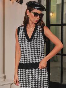 SHE(IN) BRASIL Houndstooth Pattern Sweater Vest Without Blouse - Đen và trắng - Xem 5