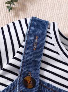 SHEIN Conjunto De Camiseta Casual De Manga Corta A Rayas Y Pantalones Cortos Con Tirantes De Oso De Peluche Para Bebé Niño, Verano