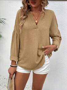 SHEIN JORESS Của phụ nữ Đúng mốt Màu thuần Lỏng lẻo phù hợp Cổ chữ V Tay áo dài Áo sơ mi - Màu Khaki - Xem 4