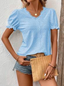 SHEIN LUNE Camiseta Casual De Verano Con Encaje, Diseño De Hueco Y Bordado - Celeste - Ver 4