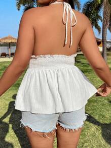 POPSWAY Große Größen Boho Top mit Muschelverzierung und gerafftem Halskrausenkragen, für den Sommer