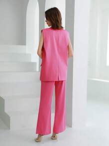 GENKIRA Veste Sans Manches À Col De Blazer Rayé Aléatoire Pour Femmes, Idéale Pour Le Port Quotidien Au Bureau - Rose vif - Voir 2