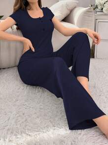 女式夏季心形印花短袖上衣和长裤家居服套装 - 藏蓝色 - 查看 4
