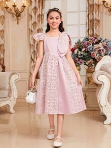 SHEIN Tween Girls' Joint Casual Asymmetric Neckline Floral Embroidery Short Flutter Sleeve Dress With Bowknot - Pink - View 4