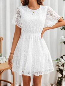 SHEIN Frenchy White Lace Dress Ladies' Solid Color Round Neck Lace Splice Open Back Dress White Short Dress Lace Dress White Formal Dress White Prom Dress White Mini Dress Pastel Dress Tea Party Attire Flowy Shorts Wedding Women Dresses White Women Dresses Sundress Ruffle Dress Graduation White Dress Homecoming Dresseswhite Lace Dress - White - View 2