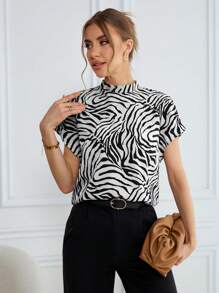 SHEIN Essnce Leopard Shirt Women's Summer Commuting Leopard Print Wide Strap Shirt - Black and White - View 3