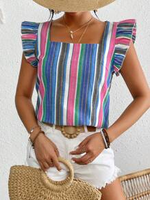 SHEIN VCAY 方领彩色条纹荷叶袖衬衫 - 彩色 - 查看 6