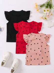 SHEIN 3pcs Young Girl's Heart Print Ruffle Armhole Rib-Knit Tank Top - Multicolor - View 2