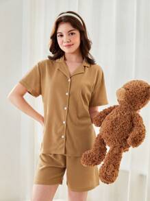 Conjunto de Shorts e Camisa Casual de Manga Curta em Tecido Xadrez para Menina Adolescente, 2 peças para Primavera e Verão