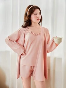 Conjunto de 3 piezas para usarse en casa para adolescentes, que incluye camisola rosa de flor de loto simple y de moda con pantalones cortos y bata de manga larga - Rosa vieja - Ver 3