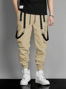 Manfinity Roghcode Men Contrast Tape Flap Pocket Drawstring Waist Cargo Pants - Khaki - View 3