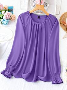 SHEIN Clasi Plus Size Round Neck Solid Color Tunic Shirt With Lantern Sleeves Fall Cloth For Women - Purple - View 1