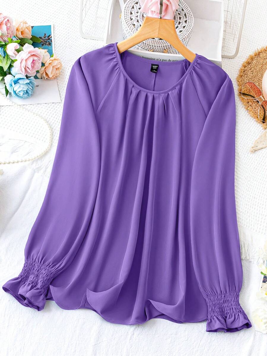 SHEIN Clasi Plus Size Round Neck Solid Color Tunic Shirt With Lantern Sleeves Fall Cloth For Women - Purple - View 1
