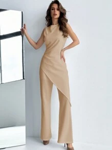 Aloruh Áo thun cạp chun bất đối xứng cho nữ + Quần ống loe màu trắng 2 món/bộ cho mùa đi làm hoặc mùa cưới - Màu be - Xem 6