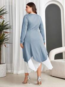 Mulvari Plus Size Color Block Round Neck Elegant Asymmetric Hem Midi Dress - Blue - View 2